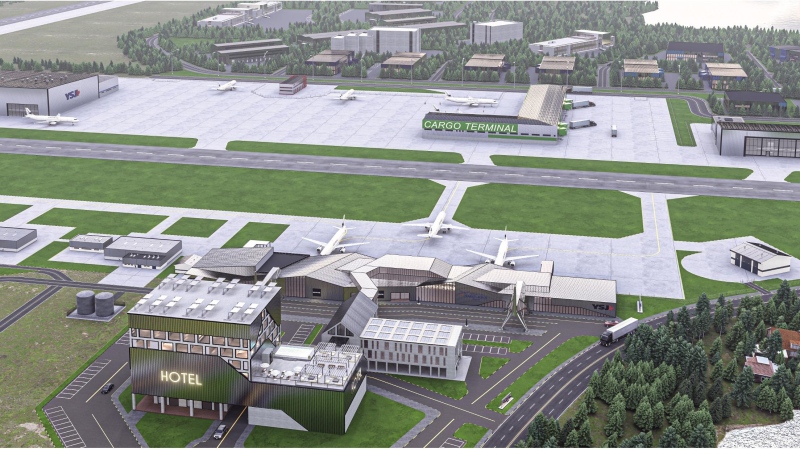 A rendered picture of the Saint John Airport with additional developments including a hotel and cargo terminal. (Source: collierscanada.com)