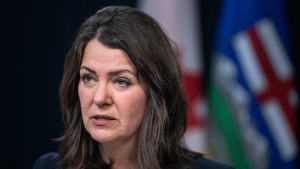 Alberta Premier Danielle Smith speaks on invoking her government’s sovereignty act over federal clean energy regulations, in Edmonton on Monday November 27, 2023. THE CANADIAN PRESS/Jason Franson.