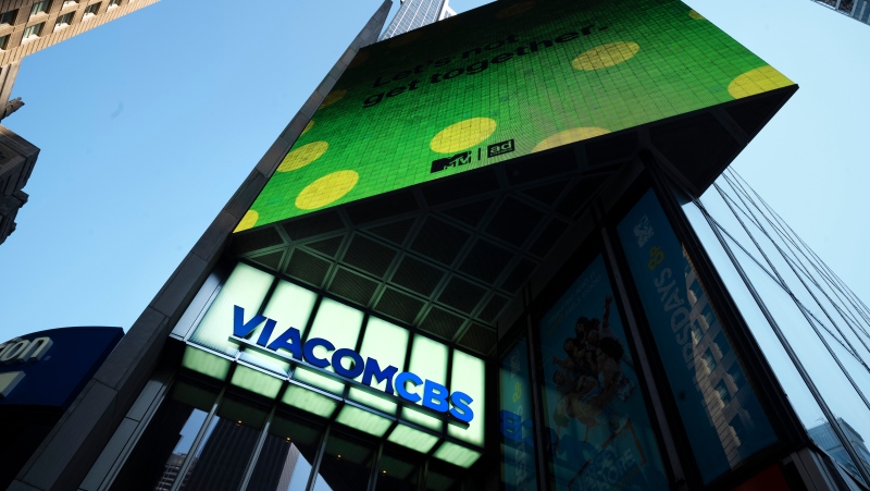 In this Aug. 5, 2020 file photo, the ViacomCBS headquarters is shown in New York's Times Square. (AP Photo/Mark Lennihan, File)