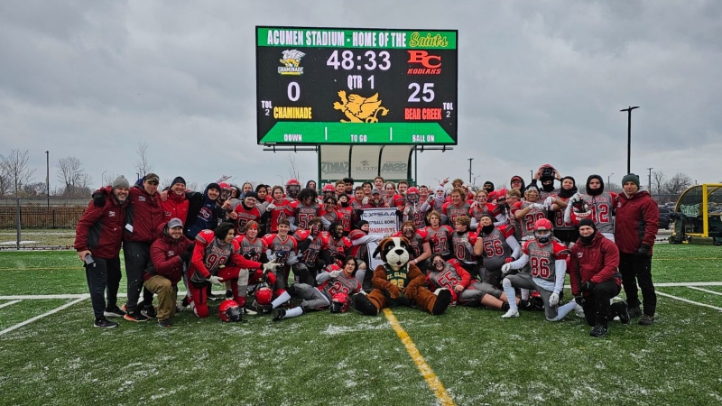 The Bear Creek Kodiaks won the school's second-ever Ontario Football Championship on Mon. Nov. 27, 2023 (Twitter: @CreekAthletics). 