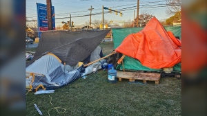 Tents are pictured at the Cobequid Ballfield homeless encampment in Lower Sackville, N.S., on Nov. 28, 2023. (Source: Samantha Ashton/The Gated Community - Cobequid Ballfield)