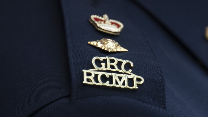The RCMP logo is seen on the shoulder of a superintendent during a news conference, Saturday, June 24, 2023 in St. John’s, Newfoundland. (THE CANADIAN PRESS/Adrian Wyld)