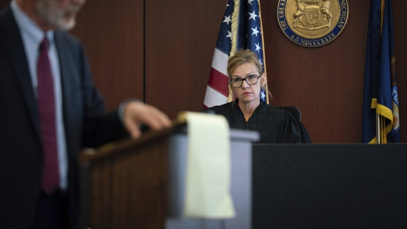 Judge Jennifer Callaghan listens as attorney Charles McKelvie, left, delivers closing arguments during a jury trial over Aretha Franklin's wills at Oakland County Probate Court in Pontiac, Mich., on Tuesday, July 11, 2023. (Sarahbeth Maney/Detroit Free Press via AP, File)