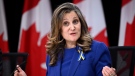 Deputy Prime Minister and Minister of Finance Chrystia Freeland speaks during a news conference on the next phase of the government’s economic plan at the National Press Theatre in Ottawa, on Tuesday, Nov. 28, 2023. THE CANADIAN PRESS/Justin Tang