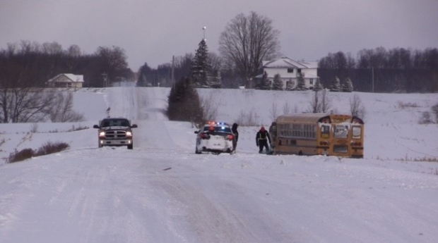 One person has been taken to hospital by air ambulance following a crash in Huron County involving a school bus on Nov. 28, 2023. (Scott Miller/CTV News London)