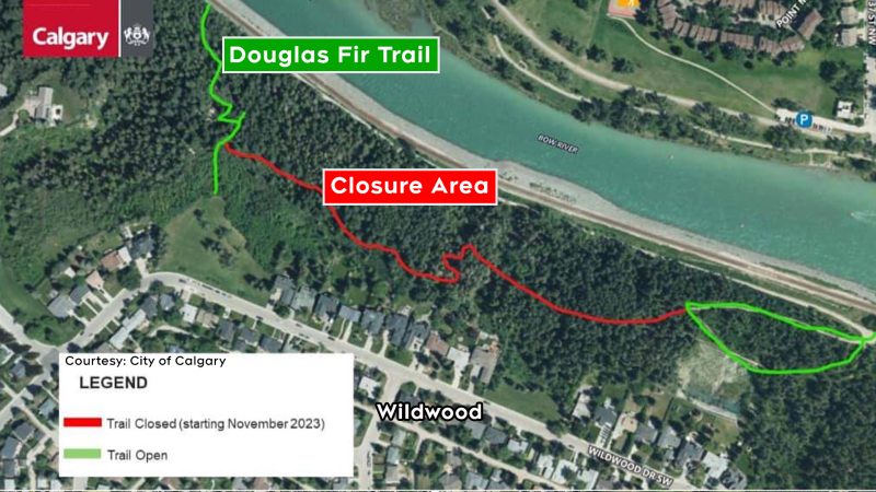 A City of Calgary map shows the areas that will be closed on the Douglas Fir Trail in Edworthy Park. 