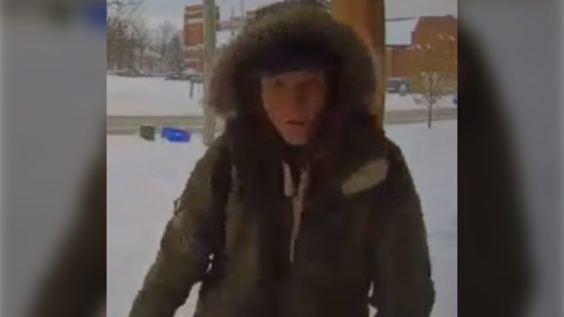 Security camera captures an image of an alleged porch pirate at a home on Parkside Drive in Barrie, Ont., on Tues., Nov. 28, 2023. (Source: Barrie Police Services)