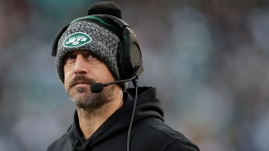 New York Jets quarterback Aaron Rodgers pictured on Friday, Nov. 24, 2023, in East Rutherford, N.J. (AP Photo/Adam Hunger)