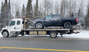 A traffic stop this week in northern Ontario led to the arrest of two people – one from Alberta, the other from Quebec – who were driving two separate stolen vehicles. (Photo courtesy of the OPP)
