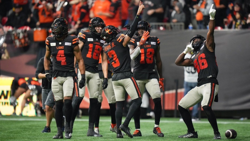 B.C. Lions' Keon Hatcher, from left to right, Justin McInnis, quarterback Vernon Adams Jr., Dominique Rhymes and Jevon Cottoy celebrate Adams Jr.'s third touchdown against the Calgary Stampeders, during the second half of the CFL western semi-final football game, in Vancouver, on Saturday, November 4, 2023.The B.C. Lions will host the Ottawa Redblacks in a regular-season CFL game in Victoria next season.THE CANADIAN PRESS/Darryl Dyck
