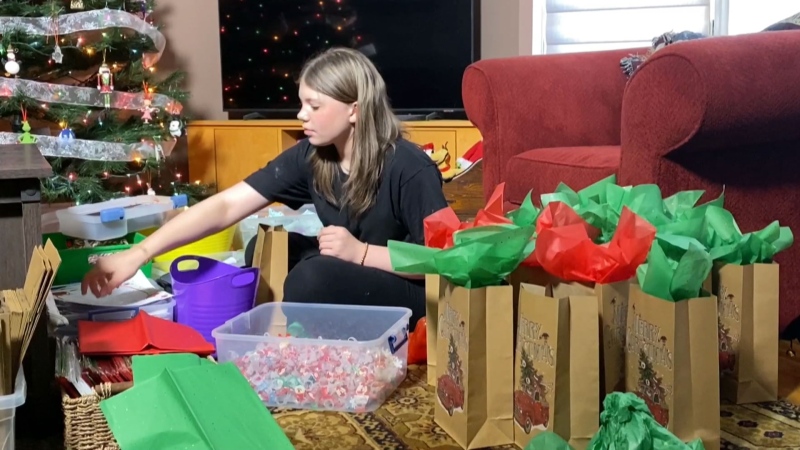 Ella Altvater, 14, has been putting together Christmas gift bags each year for some time. The teenager saves all her babysitting money and allowance to create the bags, which she then sells to support the Calgary Food Bank.