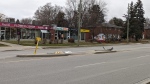 Damage at the island trail crossing on Weber St. in Waterloo, Ont. on Nov. 27, 2023.