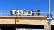 Demonstrators can be seen on the Albert Street railway overpass on Nov. 29, 2023. (Courtesy: Good Trouble Network YQR)