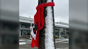 Almost 200 red scarves decorate various posts in Greater Sudbury’s downtown core as part of Réseau Access Network's ‘Bundle Up in Red’ campaign. (Amanda Hicks/CTV News Northern Ontario)