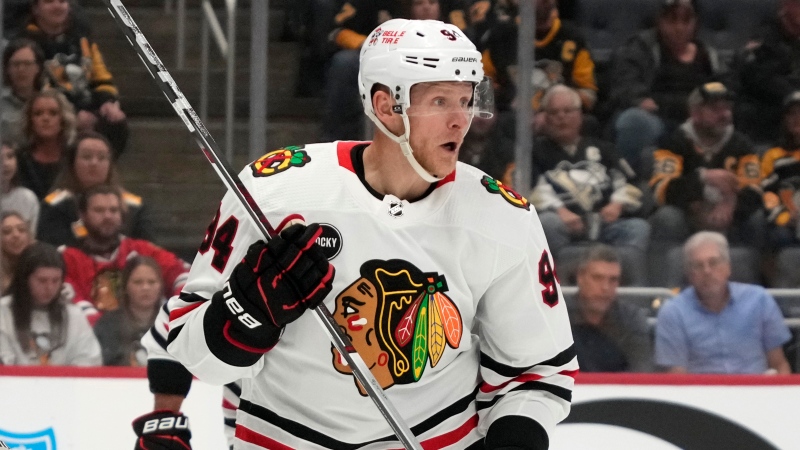 Chicago Blackhawks' Corey Perry skates during an NHL hockey game against the Pittsburgh Penguins in Pittsburgh, Tuesday, Oct. 10, 2023. (AP Photo/Gene J. Puskar) 