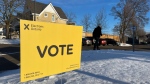 A 'vote' sign sits outside the Mill Courtland Community Centre in Kitchener, Ont. on Nov. 30, 2023 as voters head to the polls for a provincial byelection. (Alison Sandstrom/CTV Kitchener)
