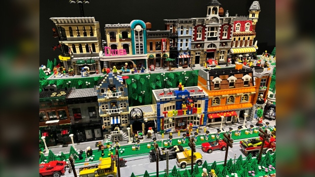 A Lego streetscape is pictured on display at an exhibit called "Bricks by the Sea" at the Museum of Natural History in Halifax. (Creeson Agecoutay/CTV National News)