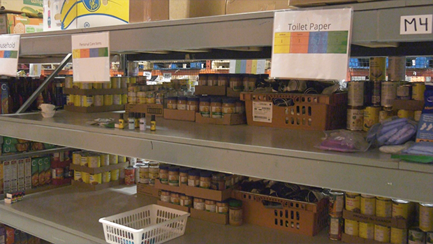 Toiletries are desperately needed to fill the shelves at the Barrie Food Bank in Barrie, Ont. (CTV News/Molly Frommer)