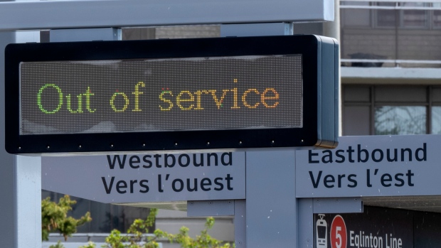 "Out of Service" signs are shown on the Eglinton Crosstown LRT in Toronto on Friday, May 5, 2023. The Eglinton Crosstown LRT has been under construction for 10 years and includes a “Science Centre” stop that would increase transit accessibility to the attraction. THE CANADIAN PRESS/Frank Gunn