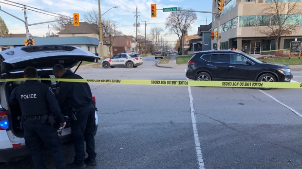 Police closed a section of Ouellette Avenue from Ellis to Hanna in Windsor, Ont., on Thursday, Nov. 30, 2023. (Gary Archibald/CTV News Windsor)