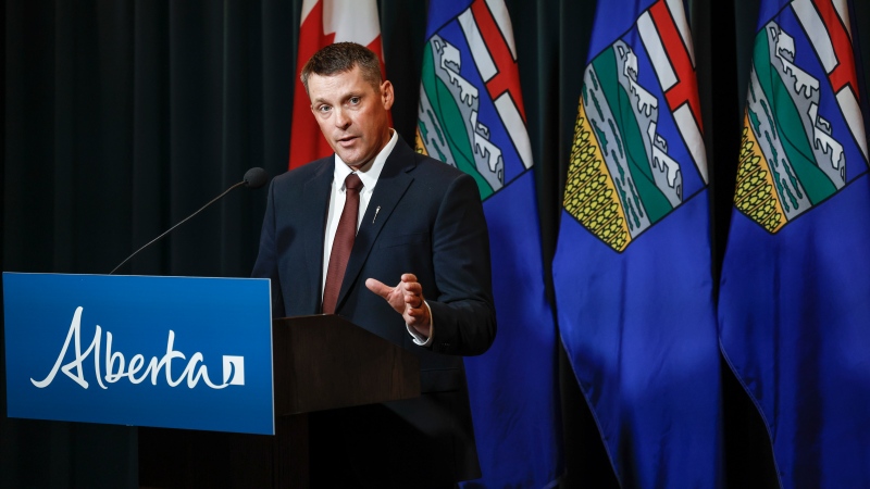 Alberta Finance Minister Nate Horner speaks to the media at a news conference in Calgary, Thursday, June 29, 2023. THE CANADIAN PRESS/Jeff McIntosh