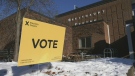 An Elections Ontario sign in front of the Breithaupt Centre in Kitchener, Ont.