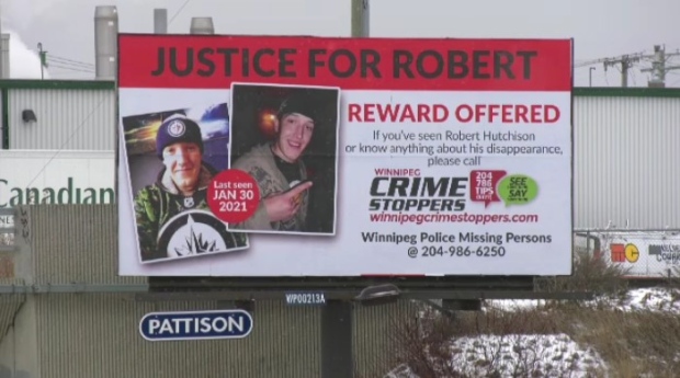 A billboard set up as the family of Robert Hutchison continues to look for him after he disappeared in January 2021. (Nov. 30, 2023. Source: Jeff Keele/CTV News Winnipeg)