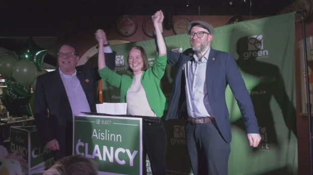 Mike Schreiner, leader of the Green Party of Ontario, Aislinn Clancy, Green Party of Ontario candidate for Kitchener Centre, and Mike Morrice, Kitchener Centre MP for the Green Party of Canada, on Nov. 20, 2023.