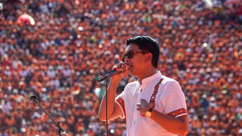 FILE - President Andry Rajoelina addresses supporters at an election rally in Antananarivo, Sunday Nov. 12, 2023. Madagascar’s top court has ratified the victory of incumbent President Andry Rajoelina in last month’s election. It gives him a third term as leader following a boycott of the Nov. 16 vote by opposition candidates. (AP Photo/Alexander Joe)