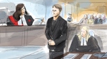 Nathaniel Veltman, whose crimes sparked national calls to combat Islamophobia, was found guilty of four counts of first-degree murder and one count of attempted murder after a jury deliberated for roughly five hours. Justice Renee Pomerance, left to right, Veltman, and Crown Prosecutor Kim Johnson are seen as the verdict is read in the Superior Court of Justice in Windsor, Ont., in a courtroom sketch made on Thursday, Nov. 16, 2023. (Source: THE CANADIAN PRESS/Alexandra Newbould)