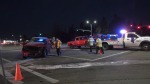 One of two trucks involved in a crash on Ellerslie Road at 66 Street on Dec. 1, 2023, is towed away from the scene. (CTV News Edmonton / Evan Klippenstein) 