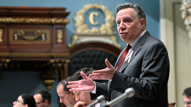 Quebec Premier Francois Legault responds to the Opposition during question period, Thursday, Nov. 30, 2023 at the legislature in Quebec City. THE CANADIAN PRESS/Jacques Boissinot