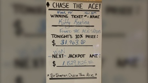 The St. Stephen Chase the Ace whiteboard says Kitty Keating won more than $1.5 million.