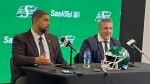 Saskatchewan Roughriders new head coach Corey Mace (left) and general manager Jeremy O'Day (right) speak with reporters on Dec. 1 at Mosaic Stadium. (GarethDillistone/CTVNews) 