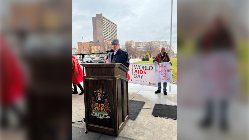 World Aids Day was marked with a flag raising in Windsor, Ont. on Friday, Dec. 1, 2023. (Source: Kevin Blondin/Pozitive Pathways)