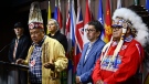 Ontario Regional Chief Glen Hare speaks during a news conference opposing Bill C-53, which would recognize communities represented by the Metis Nation of Ontario as holding section 35 rights, on Parliament Hill in Ottawa, on Wednesday, Sept. 20, 2023. Hare is a member of the Chiefs of Ontario, one of several First Nations groups that have argued that six new communities within the Metis Nation of Ontario, which the provincial government recognized in 2017, have no historical basis to exist. THE CANADIAN PRESS/Justin Tang