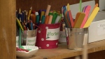 Colored markers and pencils are seen at a child-care facility in New Brunswick. (CTV/Laura Brown) 
