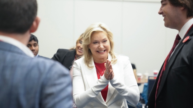 Ontario Liberal Party Leader Bonnie Crombie talks to supporters ahead of the announcement of the Ontario Liberal leadership election, in Toronto, Saturday, Dec. 2, 2023. THE CANADIAN PRESS/Chris Young