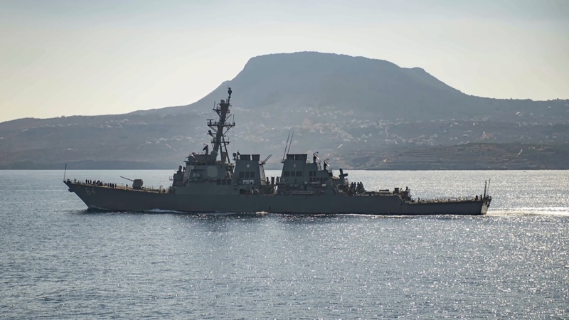 The guided-missile destroyer USS Carney in Souda Bay, Greece. The American warship and multiple commercial ships came under attack Sunday, Dec. 3, 2023 in the Red Sea, the Pentagon said, potentially marking a major escalation in a series of maritime attacks in the Mideast linked to the Israel-Hamas war. (Petty Officer 3rd Class Bill Dodge/U.S. Navy via AP)