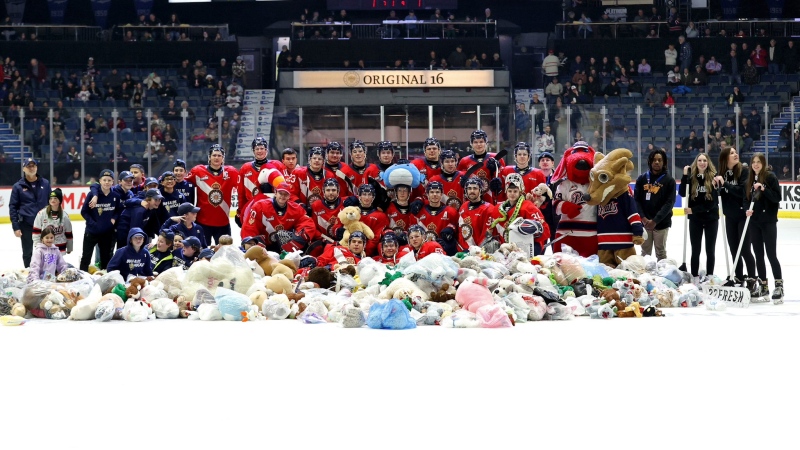 Pats fan donated a total of 2,433 stuffed toys at Saturday night's Teddy Bear Toss game. (Courtesy: @keithhershphoto)