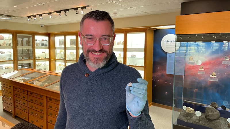 Chris Herd, a meteorite expert at the University of Alberta was instantly excited when he was emailed a photograph of a small meteorite that was found in an Edmonton eavestrough. (Sean McClune/CTV News Edmonton) 