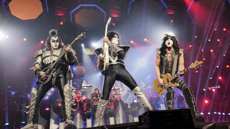 Gene Simmons, left, Tommy Thayer, and Paul Stanley of KISS perform during the final night of the 'Kiss Farewell Tour' on Saturday, Dec. 2, 2023, at Madison Square Garden in New York. (Photo by Evan Agostini/Invision/AP)