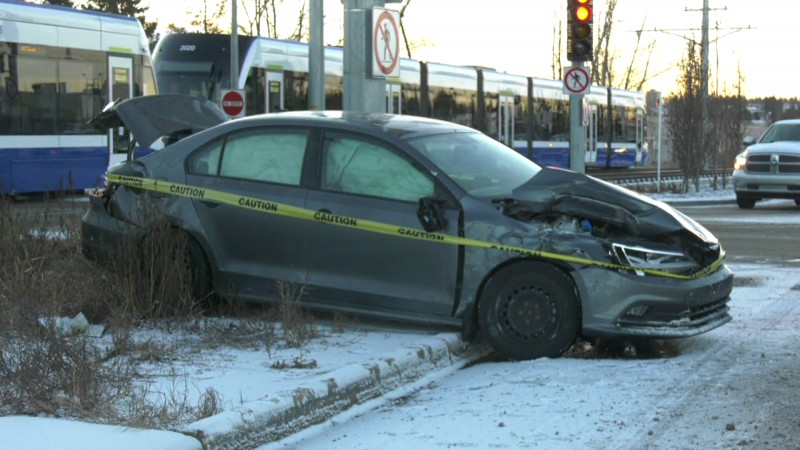 A train hit a vehicle on Edmonton's LRT Valley Line Southeast at 66 Street the morning of Dec. 4, 2023. (CTV News Edmonton / Matt Marshall) 