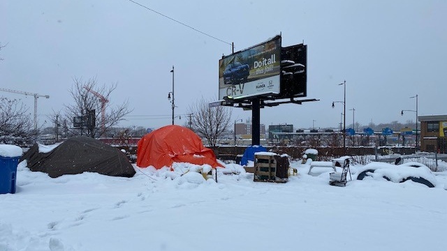 A small homeless encampment near the MacDonald Bridge in Dartmouth, N.S. Police confirm a 52-year-old man died at the site. Some neighbours think it may have been carbon monoxide poisoning caused by a propane heater. (Bruce Frisko/CTV Atlantic)