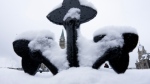 A visitor takes a photo on Parliament Hill following a snow storm, in Ottawa, Monday, Dec. 4, 2023. THE CANADIAN PRESS/Adrian Wyld