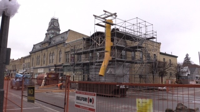 Restoration and reconstruction work is underway on Dec. 4, 2023 of a historic building in downtown Seaforth, Ont., which was hit by a tractor on Oct. 13, 2023. (Scott Miller/CTV News London)
