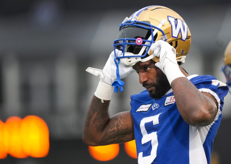 Winnipeg Blue Bombers defensive end Willie Jefferson (5) watches during practice ahead of the 110th CFL Grey Cup against the Montreal Alouettes in Hamilton, Ont., Friday, Nov. 17, 2023. THE CANADIAN PRESS/Nathan Denette