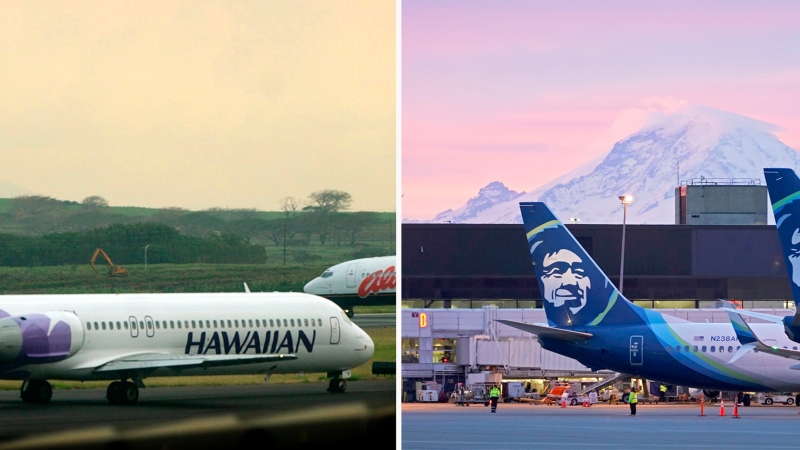 This combination of photos shows a Hawaiian Airlines plane at Kahalui, Hawaii, March 24, 2005, left, and Alaska Airlines planes March 1, 2021, in Seattle. Alaska Airlines announced Sunday, Dec. 3, 2023, that it will buy Hawaiian Airlines for $1.9 billion. That's raising questions about how antitrust regulators will view the deal, and whether past airline mergers have hurt consumers. (AP Photo/Lucy Pemoni, Ted S. Warren