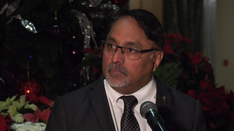 Sask. Party MLA for Regina Northeast Gary Grewal speaks to reporters at the legislature on Dec. 4, 2023. 
