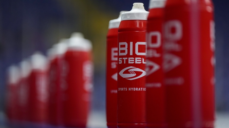 BioSteel water bottles are seen during the opening day of the Vancouver Canucks NHL hockey training camp, in Victoria, Thursday, Sept. 21, 2023. Canopy Growth Corp. says an Ontario court has approved the sale of its BioSteel sports drink business in a pair of deals. (Source: THE CANADIAN PRESS/Darryl Dyck)